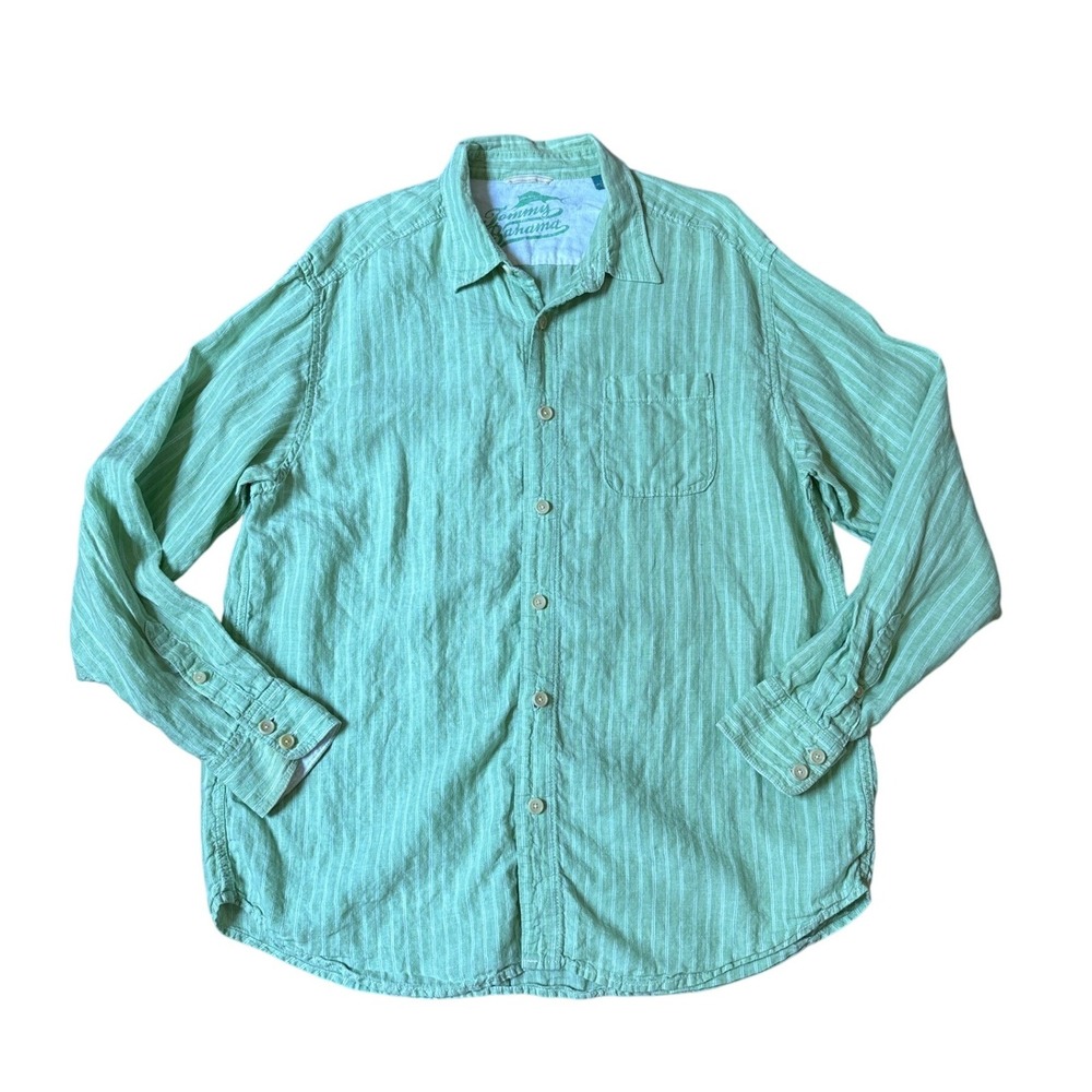 Tommy Bahama Button Down Shirt Mens Green Striped 100% Linen Coastal SIZE XL